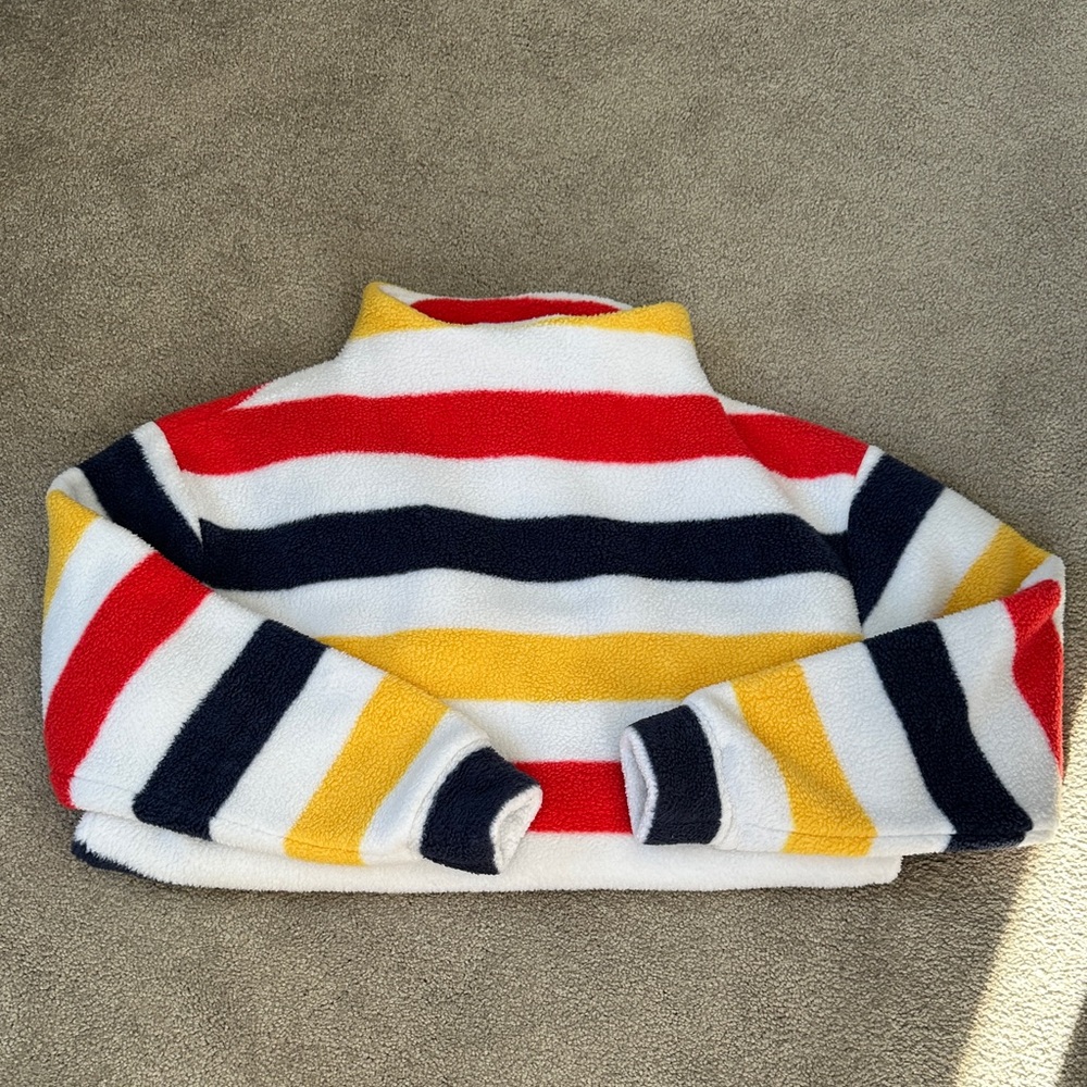 Dudley Stephens Red, Yellow, and Navy Striped Turtleneck Sweater